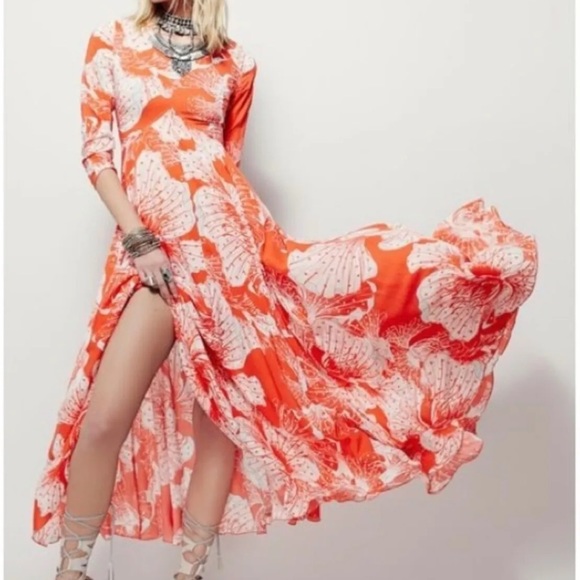 Free People Dresses & Skirts - Free People First Kiss floral full skirt maxi dress Tangerine Dream
